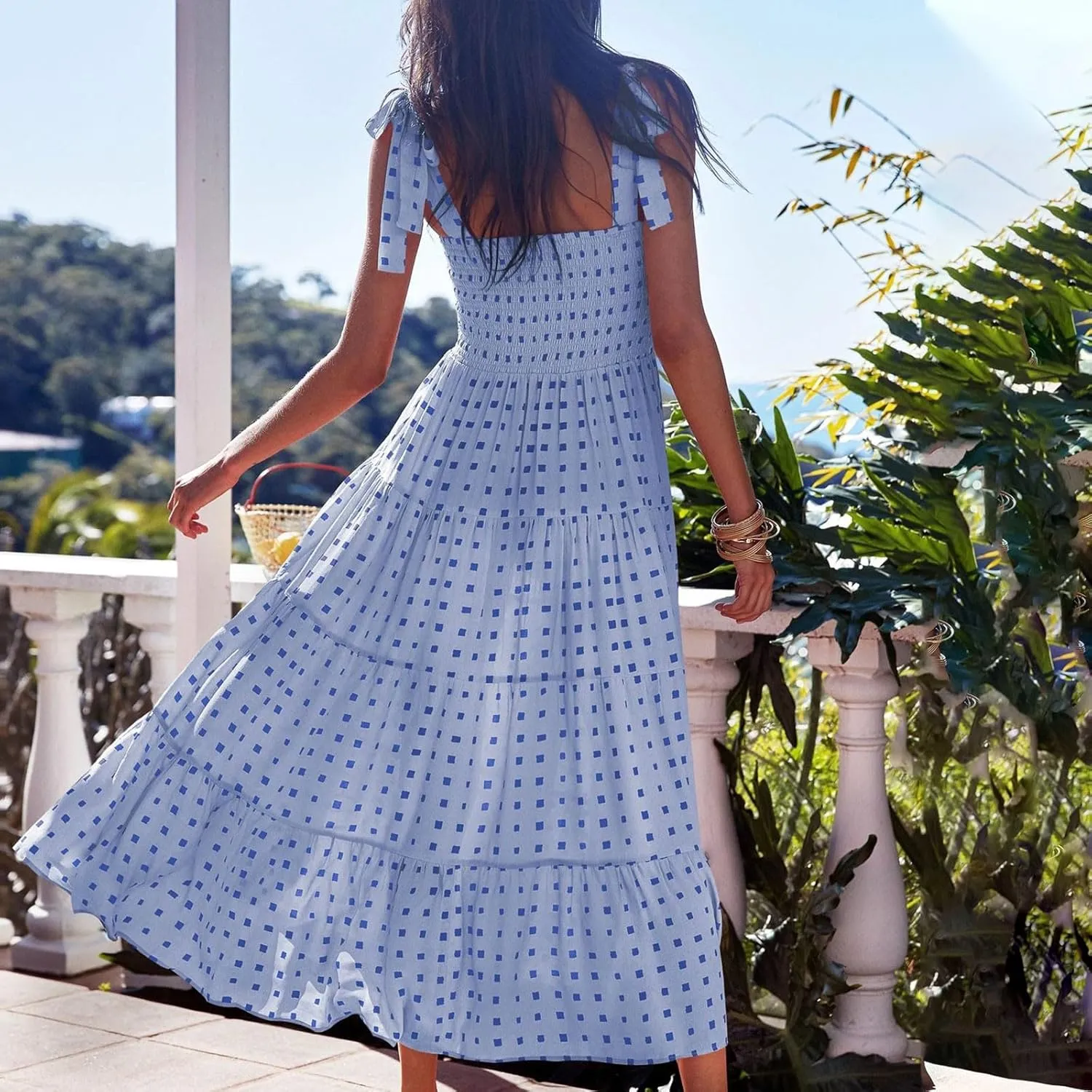 Maxi Dresses for Women Summer Pleated A Line Sleeveless Dresses Fashion Plaid Print Adjustable Strap Going Out Dresses