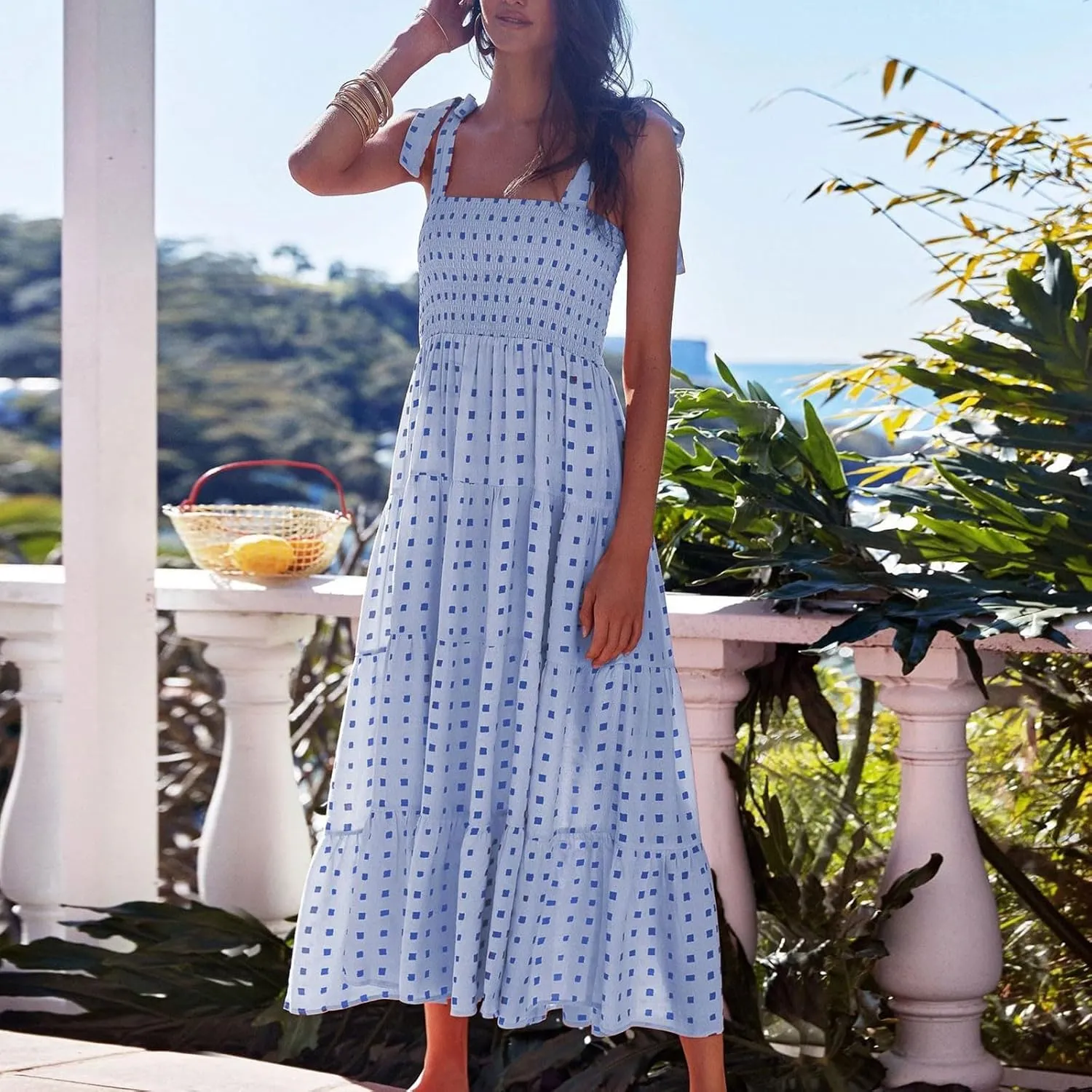 Maxi Dresses for Women Summer Pleated A Line Sleeveless Dresses Fashion Plaid Print Adjustable Strap Going Out Dresses