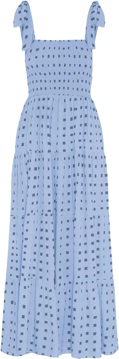 Maxi Dresses for Women Summer Pleated A Line Sleeveless Dresses Fashion Plaid Print Adjustable Strap Going Out Dresses