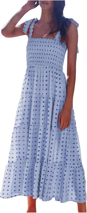Maxi Dresses for Women Summer Pleated A Line Sleeveless Dresses Fashion Plaid Print Adjustable Strap Going Out Dresses