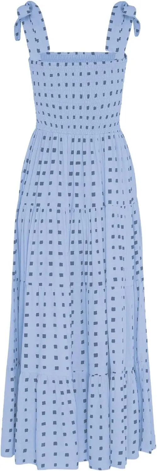 Maxi Dresses for Women Summer Pleated A Line Sleeveless Dresses Fashion Plaid Print Adjustable Strap Going Out Dresses