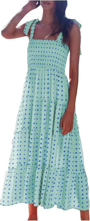 Maxi Dresses for Women Summer Pleated A Line Sleeveless Dresses Fashion Plaid Print Adjustable Strap Going Out Dresses