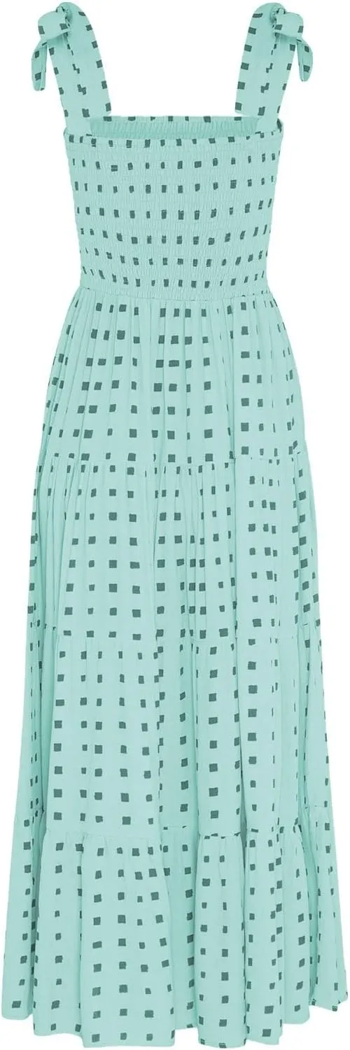 Maxi Dresses for Women Summer Pleated A Line Sleeveless Dresses Fashion Plaid Print Adjustable Strap Going Out Dresses