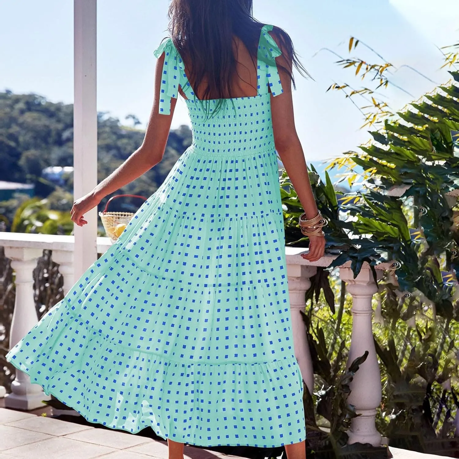 Maxi Dresses for Women Summer Pleated A Line Sleeveless Dresses Fashion Plaid Print Adjustable Strap Going Out Dresses