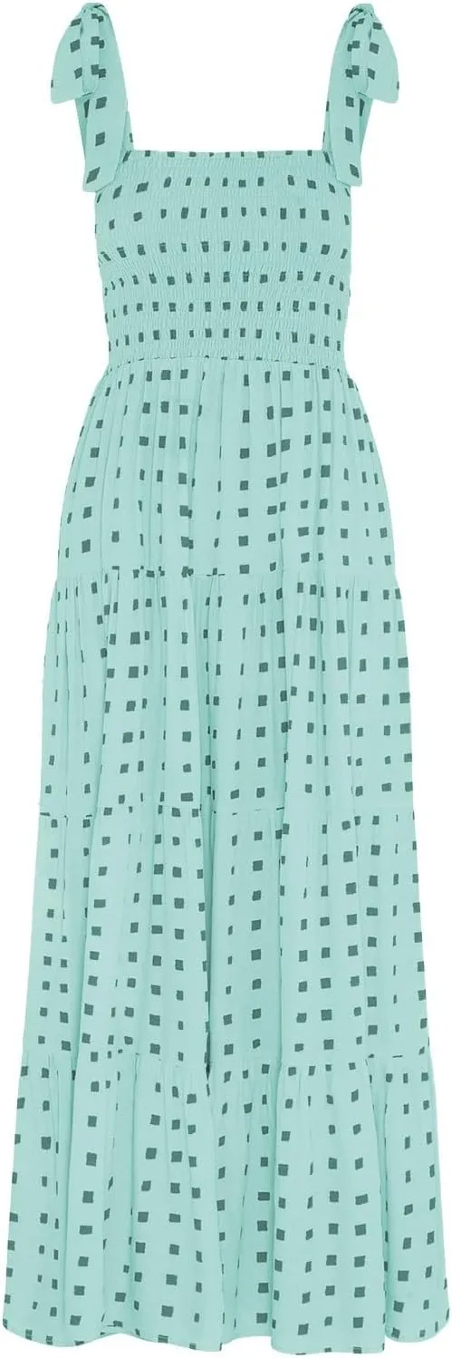 Maxi Dresses for Women Summer Pleated A Line Sleeveless Dresses Fashion Plaid Print Adjustable Strap Going Out Dresses