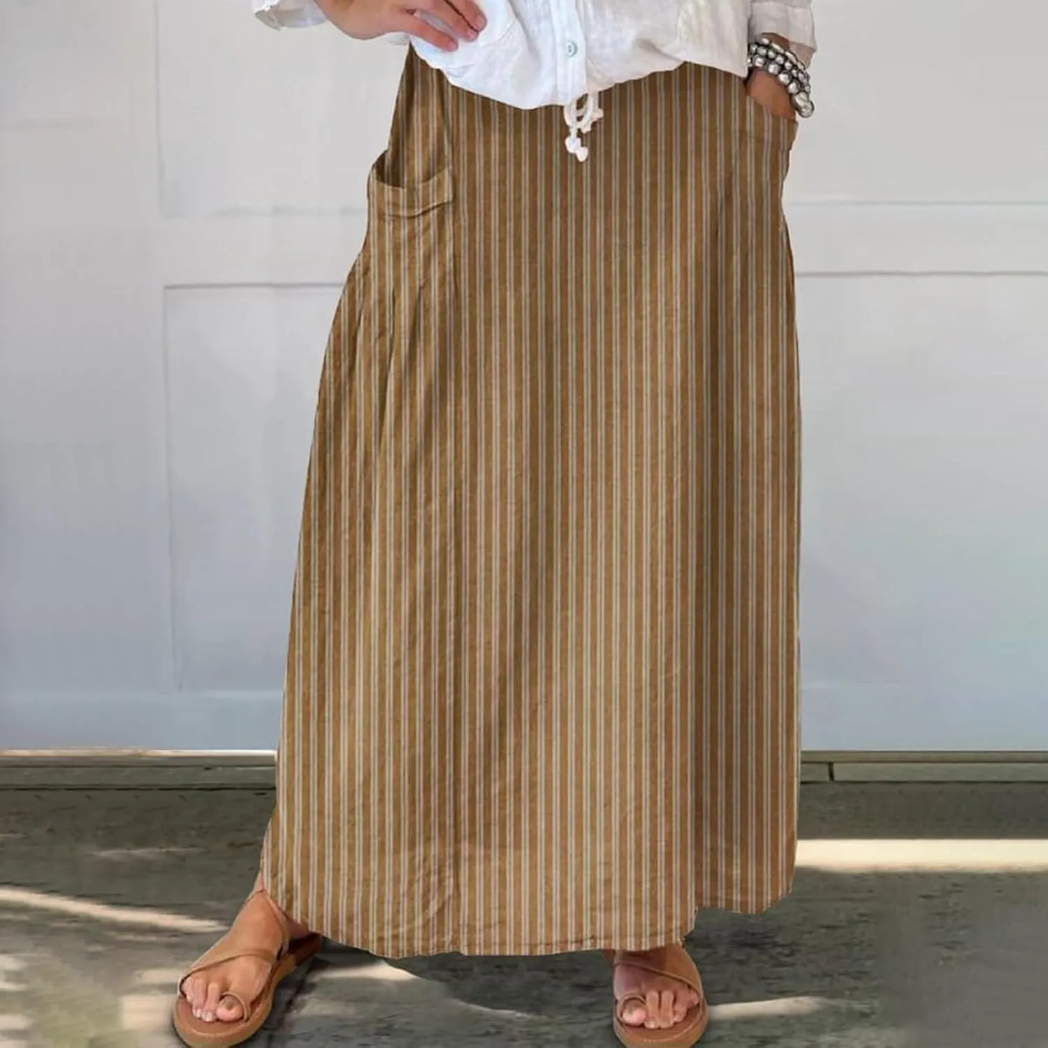 Maxi Skirts for Women Floral Print Elastic Waist Bohemian Hippie Long Skirt Vintage Boho Beach Skirts with Pockets