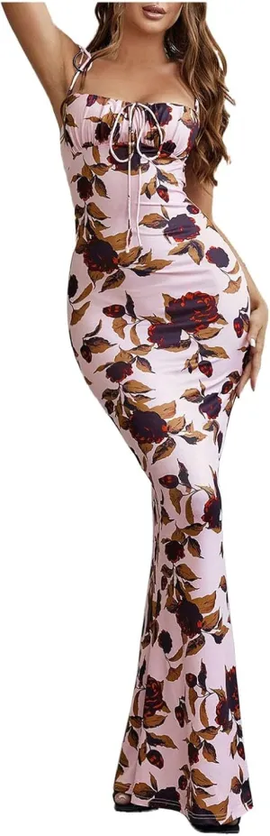 MCILLO Women's Sexy Summer Floral Bodycon Maxi Dress 2024 Spaghetti Strap Sleeveless Boho Long Dresses
