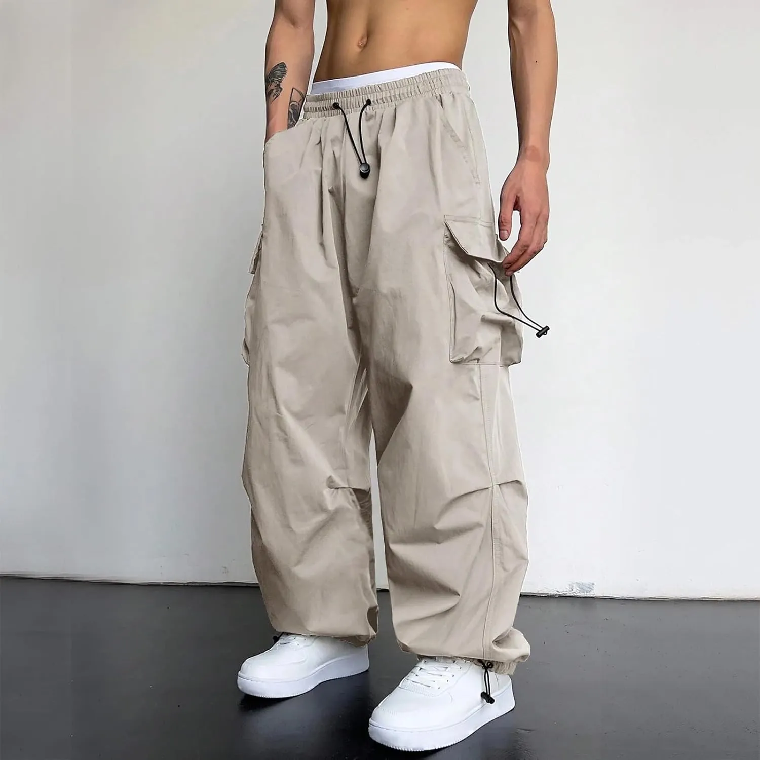 Men Cargo Joggers Pants Parachute Pants Lounge Drawstring Relaxed Fit Hip Hop Lightweight Stretch Loose Workout Pants