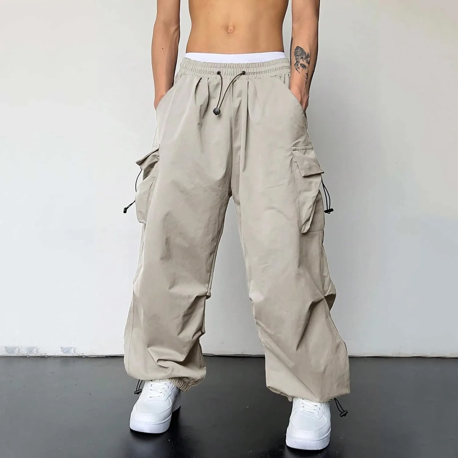 Men Cargo Joggers Pants Parachute Pants Lounge Drawstring Relaxed Fit Hip Hop Lightweight Stretch Loose Workout Pants