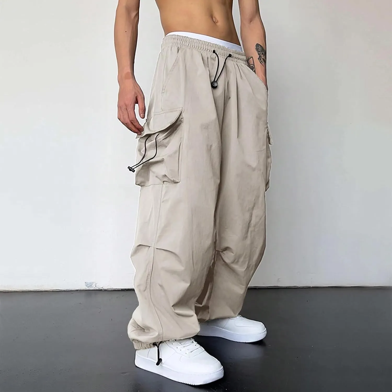 Men Cargo Joggers Pants Parachute Pants Lounge Drawstring Relaxed Fit Hip Hop Lightweight Stretch Loose Workout Pants