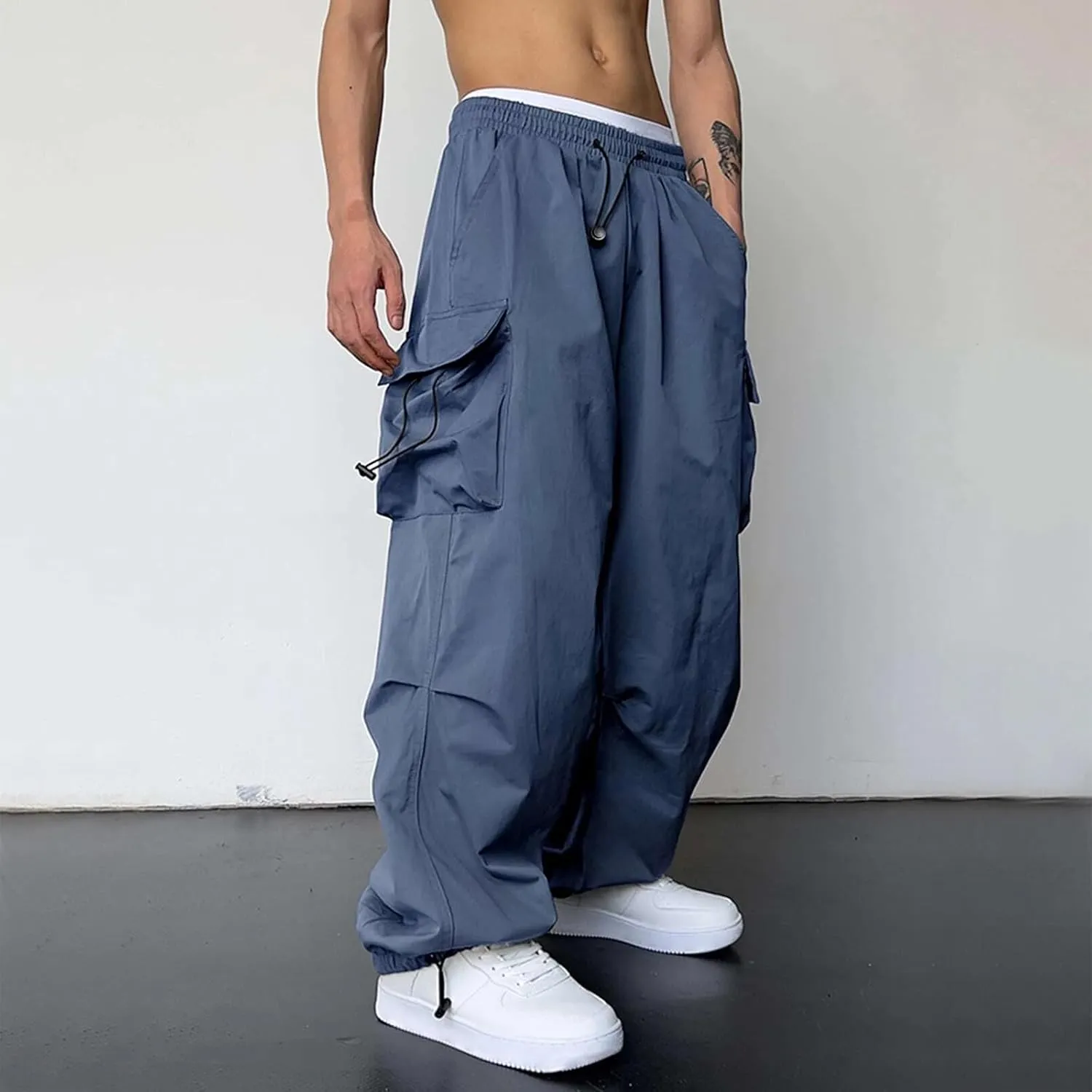Men Cargo Joggers Pants Parachute Pants Lounge Drawstring Relaxed Fit Hip Hop Lightweight Stretch Loose Workout Pants