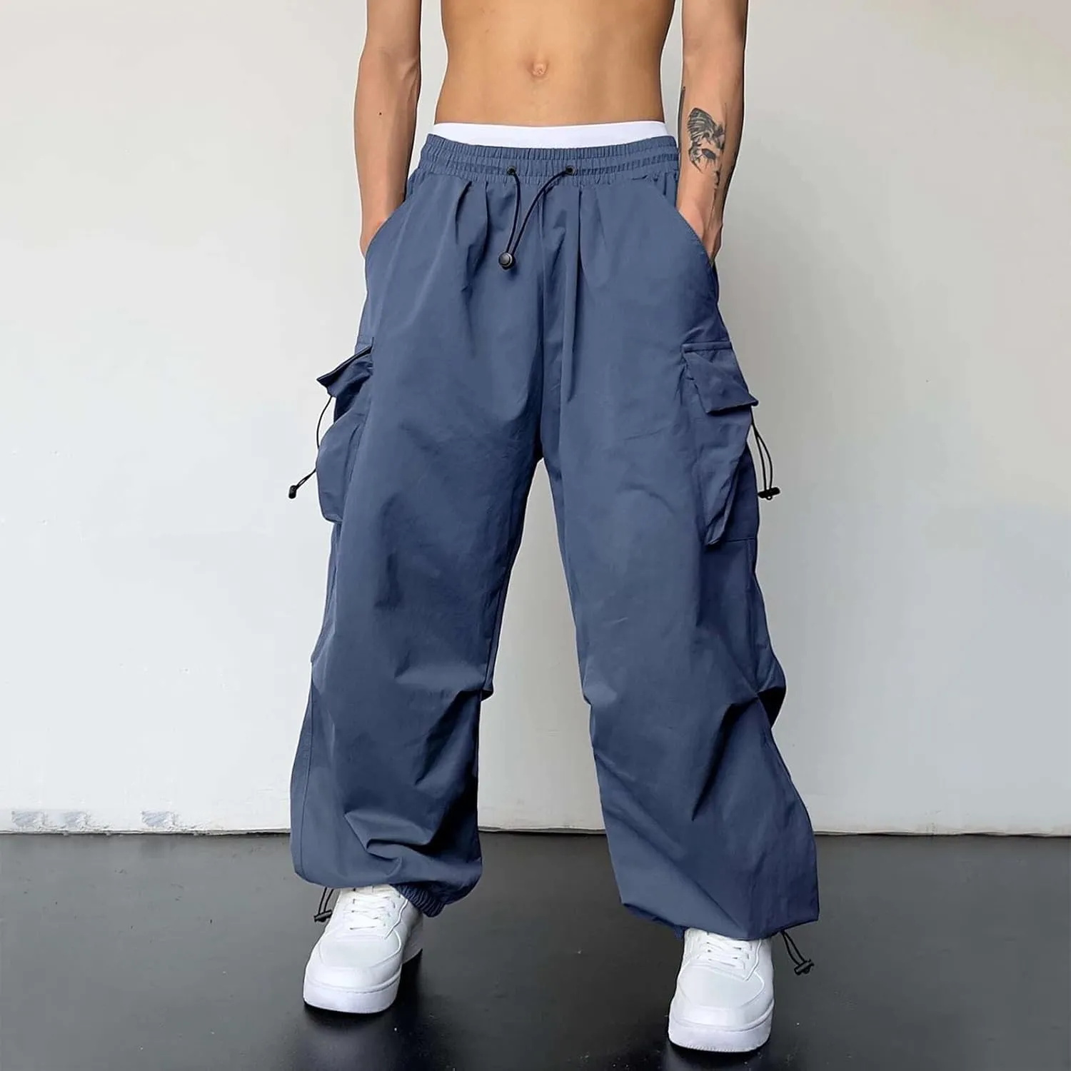 Men Cargo Joggers Pants Parachute Pants Lounge Drawstring Relaxed Fit Hip Hop Lightweight Stretch Loose Workout Pants