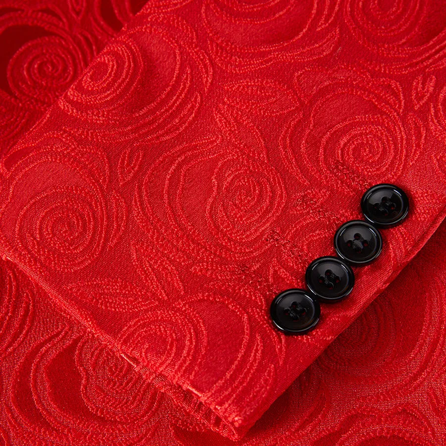 Men's 2-Piece Rose Jacquard Red Wedding Suit for Groom