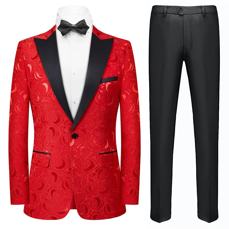 Men's 2-Piece Rose Jacquard Red Wedding Suit for Groom