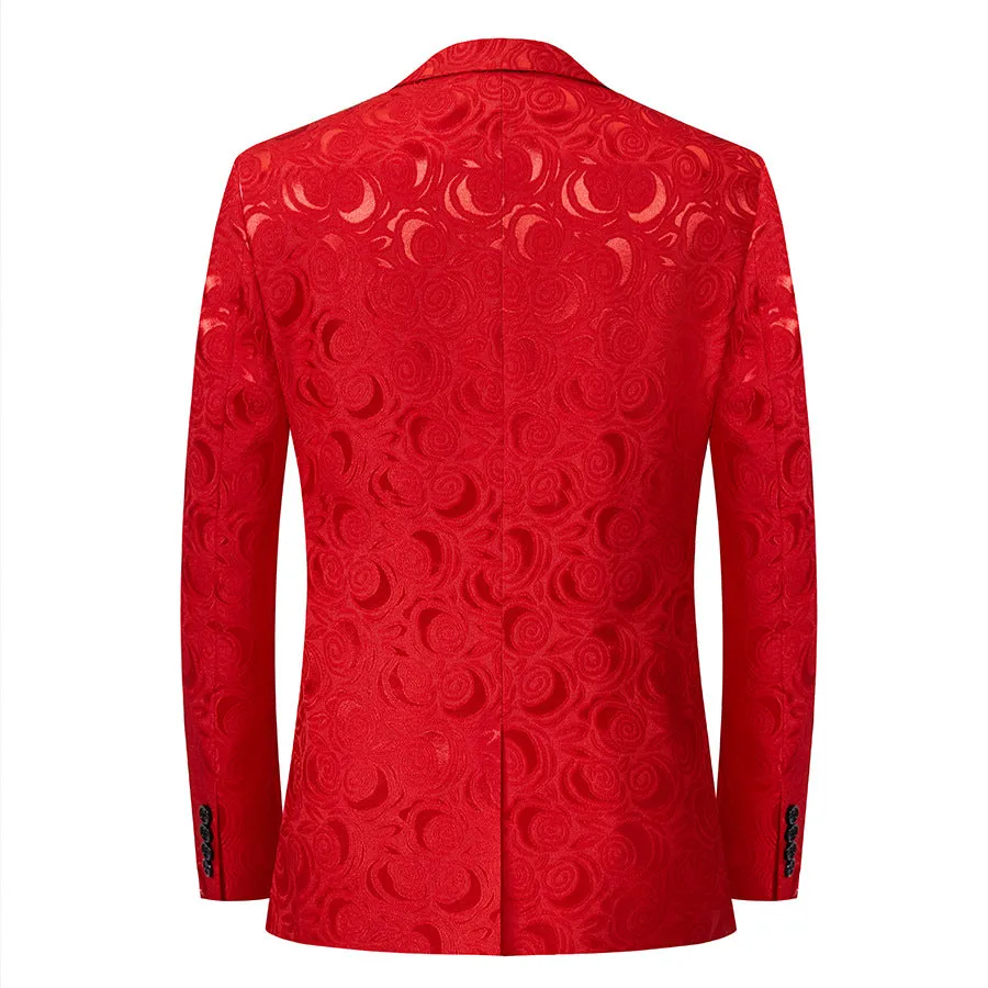 Men's 2-Piece Rose Jacquard Red Wedding Suit for Groom