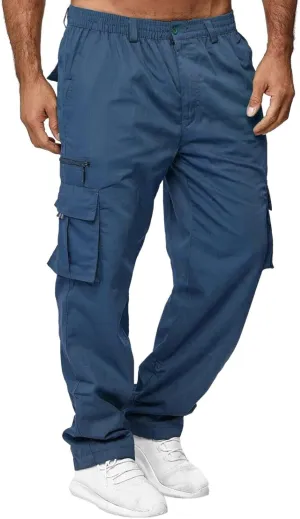 Mens Cargo Pants, Elastic Waistband Multi Pockets, Solid Color Hiking Tactical Pants, Cotton Cargo Work Pants for Men