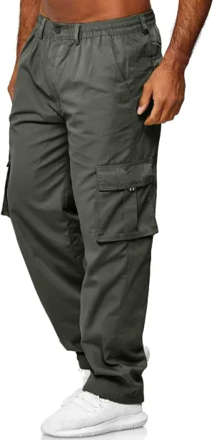 Mens Cargo Pants, Elastic Waistband Multi Pockets, Solid Color Hiking Tactical Pants, Cotton Cargo Work Pants for Men
