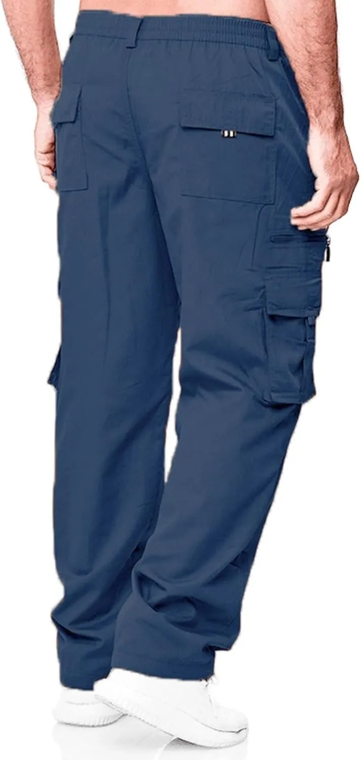 Mens Cargo Pants, Elastic Waistband Multi Pockets, Solid Color Hiking Tactical Pants, Cotton Cargo Work Pants for Men