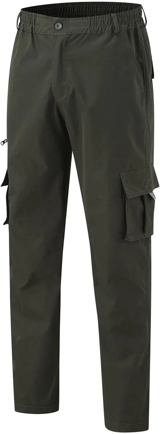 Mens Cargo Pants, Elastic Waistband Multi Pockets, Solid Color Hiking Tactical Pants, Cotton Cargo Work Pants for Men