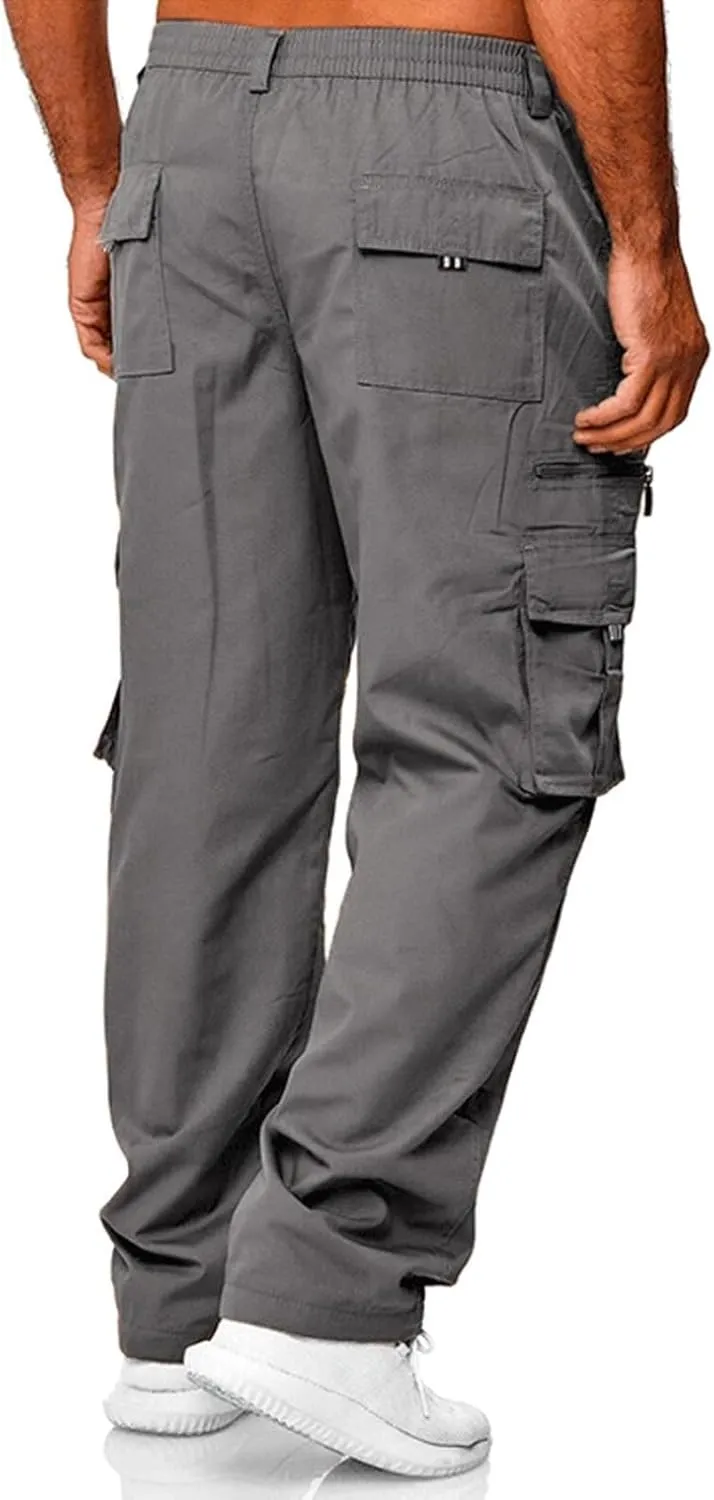 Men's Cargo Work Pants, Straight Leg Zipper Joggers Pants, Sports Fitness Casual Tactical Trousers with Muilt Pockets