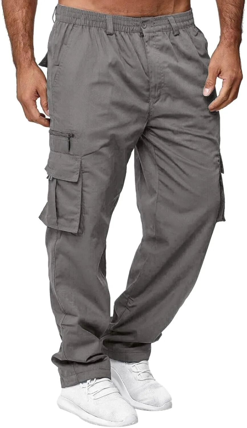 Men's Cargo Work Pants, Straight Leg Zipper Joggers Pants, Sports Fitness Casual Tactical Trousers with Muilt Pockets