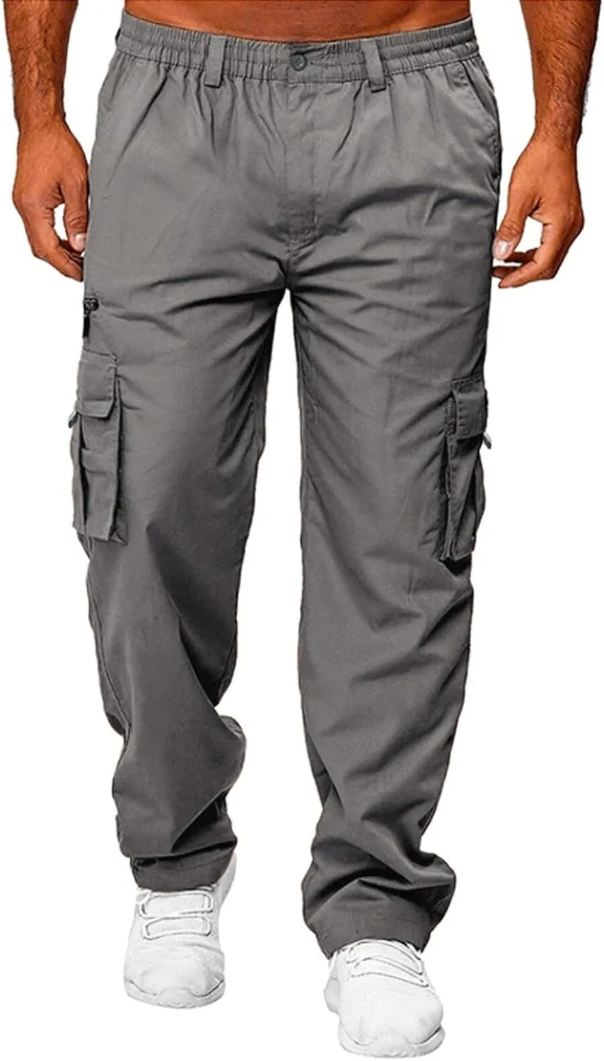 Men's Cargo Work Pants, Straight Leg Zipper Joggers Pants, Sports Fitness Casual Tactical Trousers with Muilt Pockets