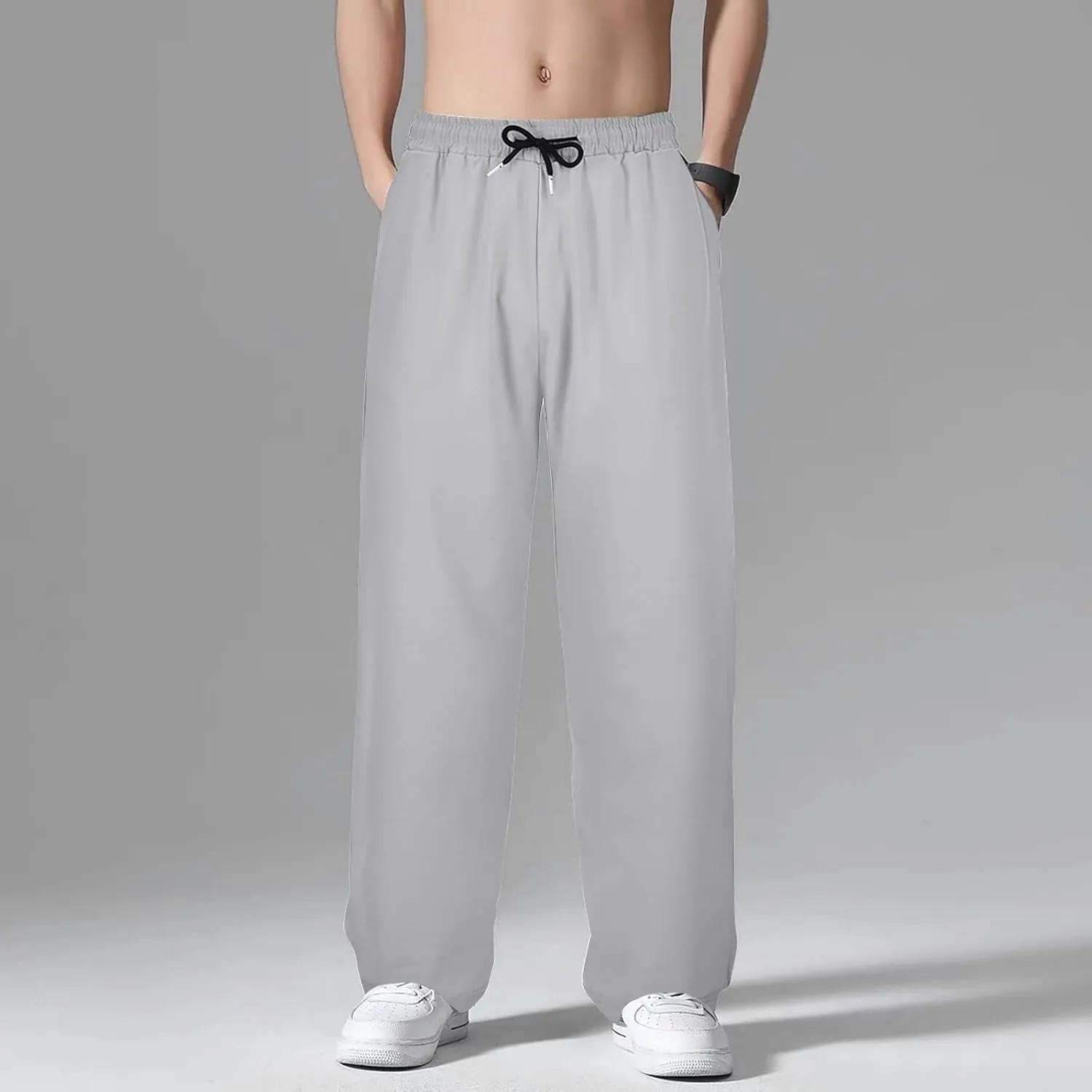 Mens Casual Linen Pants, Inseam Summer Elastic Waist Straight Leg Loose Fit Workout Beach Slacks, Sweatpants for Mens