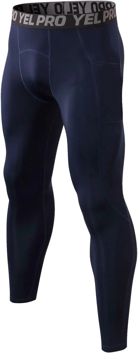 Mens Compression Pants Quick Dry Seamless Sports Running Gym Leggings Stretchy Athletic Pants with Pockets for Men