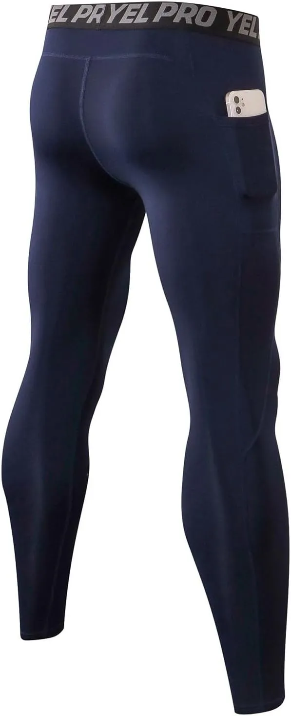 Mens Compression Pants Quick Dry Seamless Sports Running Gym Leggings Stretchy Athletic Pants with Pockets for Men