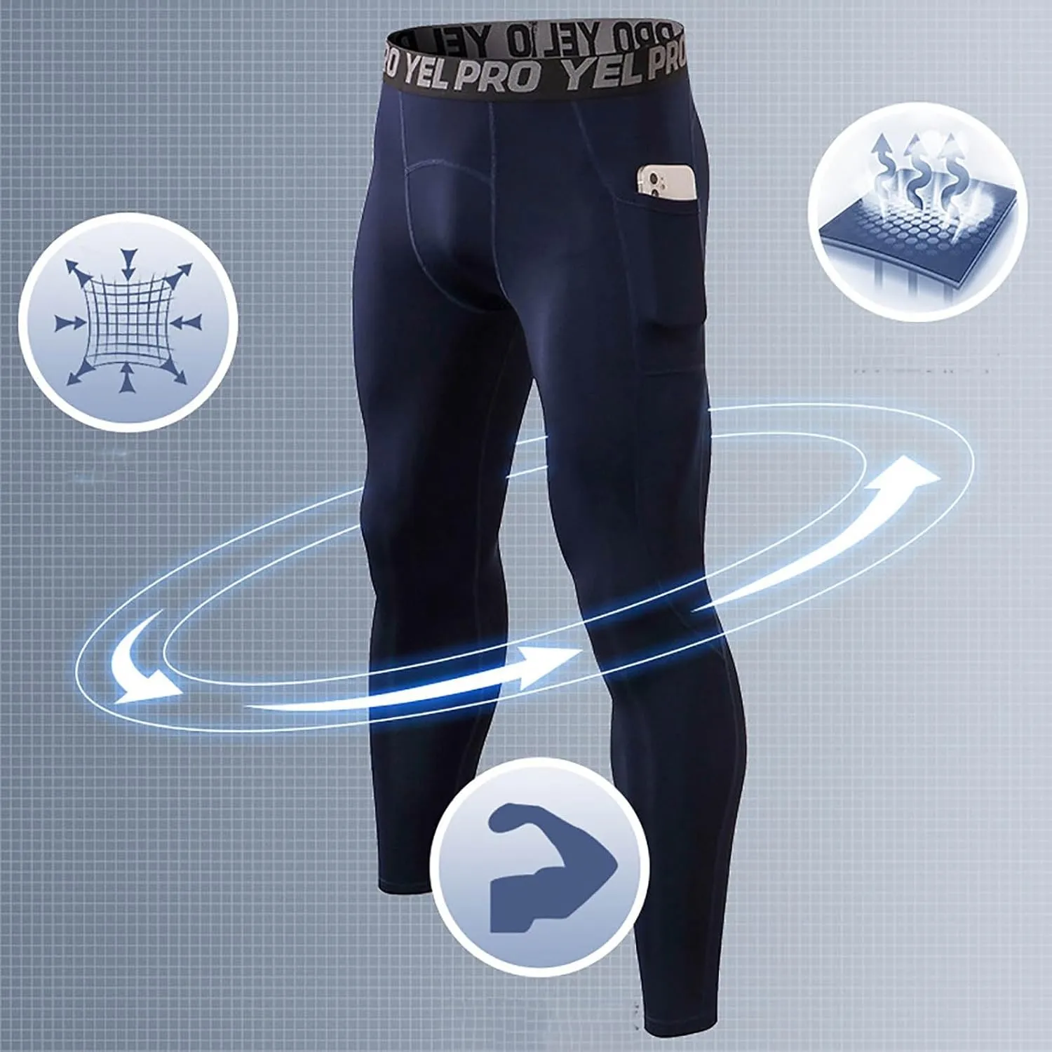 Mens Compression Pants Quick Dry Seamless Sports Running Gym Leggings Stretchy Athletic Pants with Pockets for Men