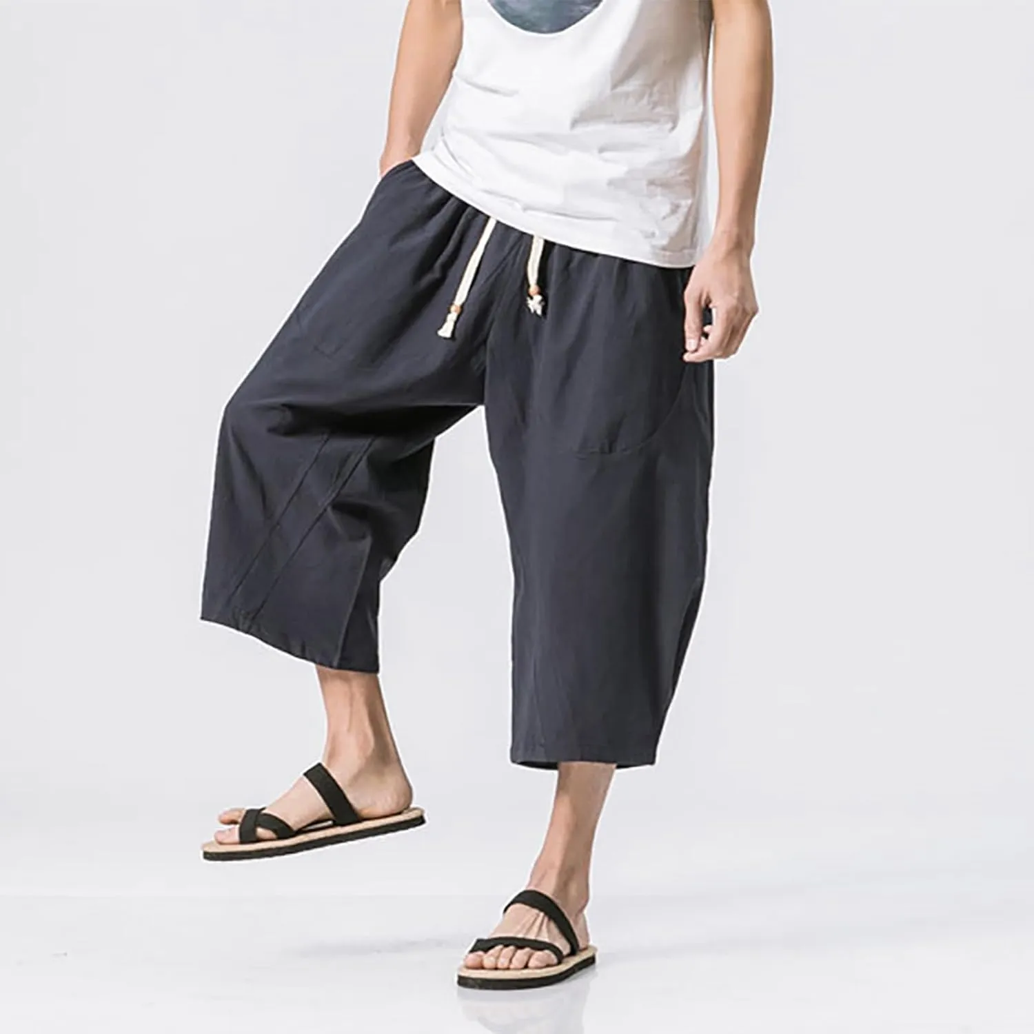 Mens Cotton Linen 3/4 Trouser Harem Shorts Drawstring Sweatpants Casual Sports Joggers Plus Size Capri Pants Workout