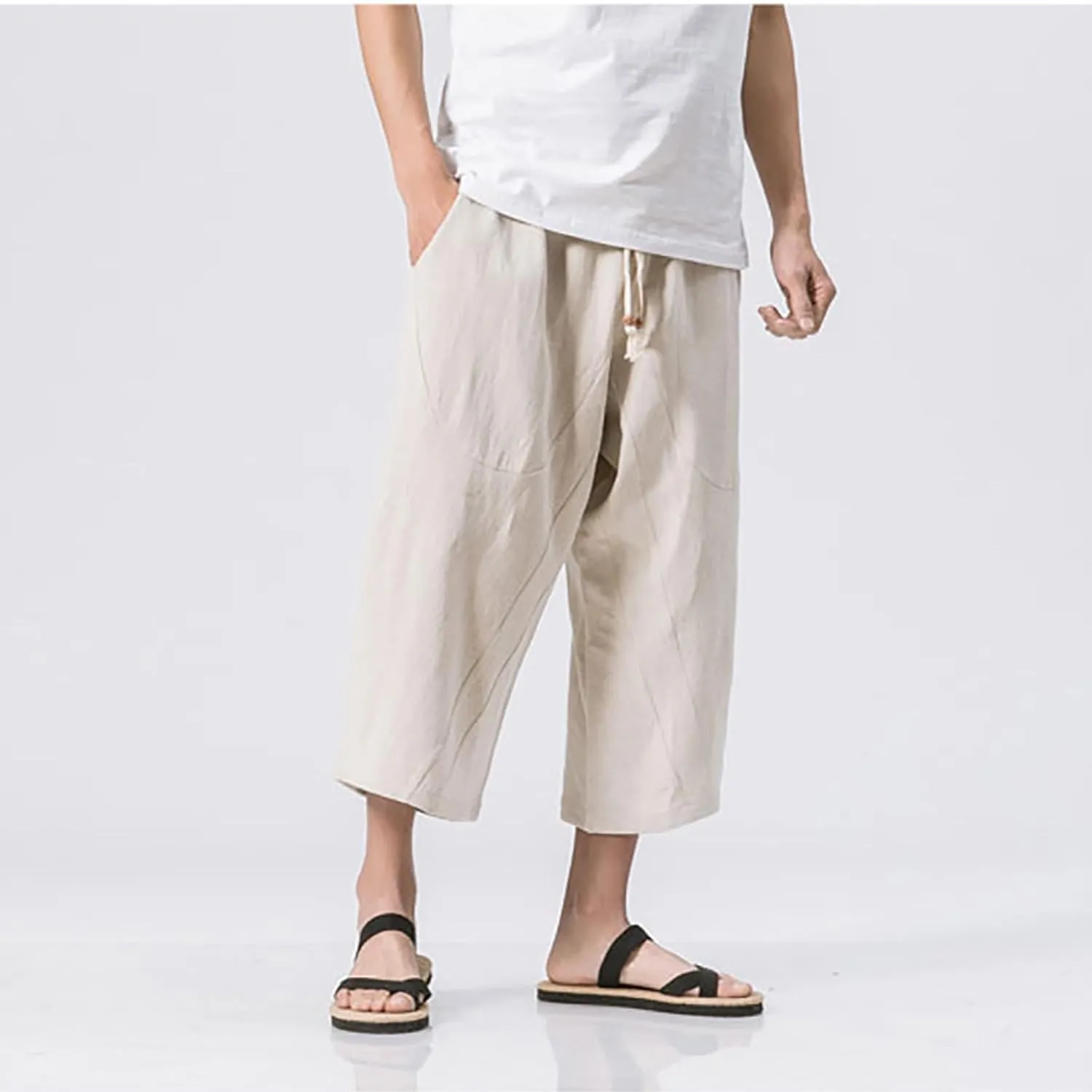 Mens Cotton Linen 3/4 Trouser Harem Shorts Drawstring Sweatpants Casual Sports Joggers Plus Size Capri Pants Workout