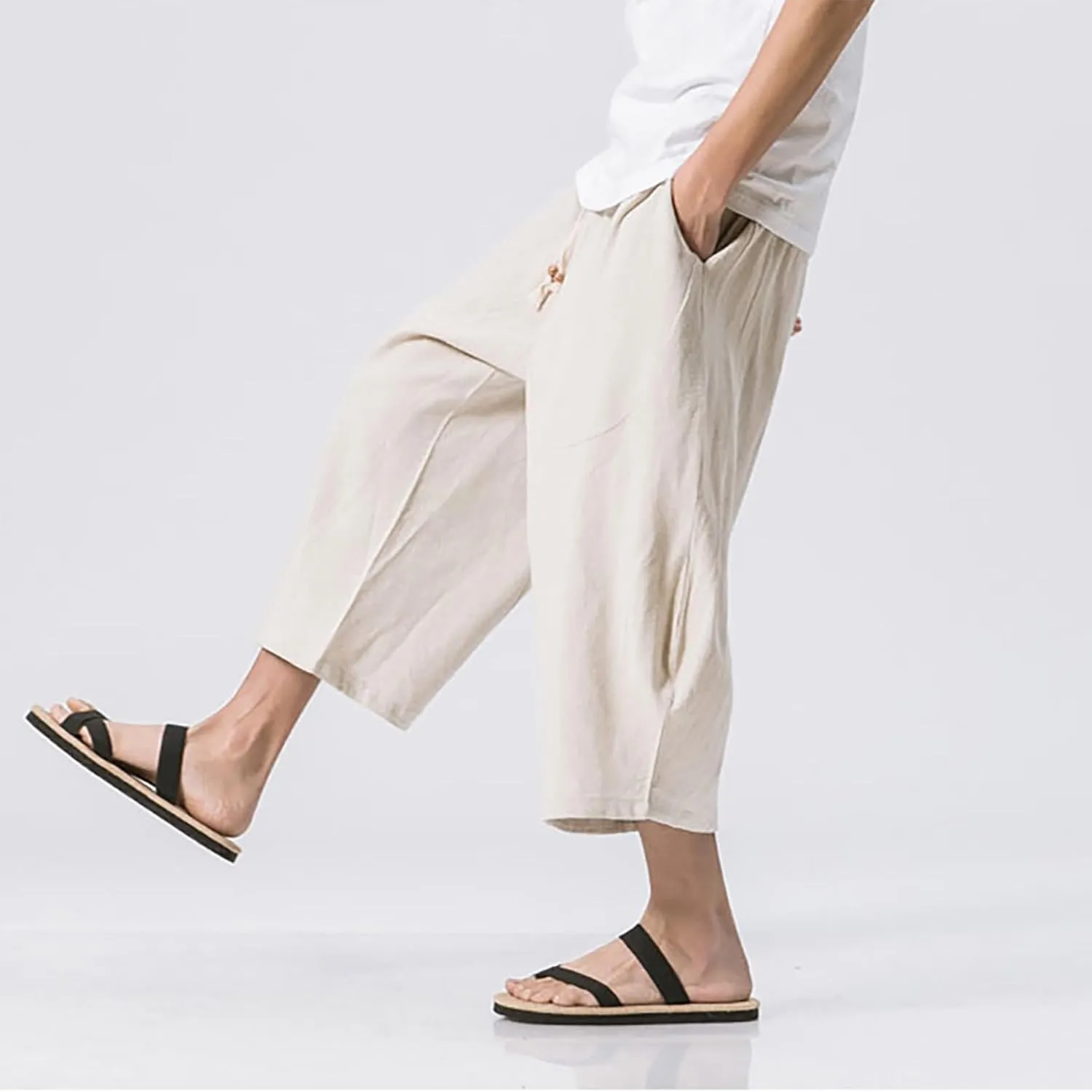 Mens Cotton Linen 3/4 Trouser Harem Shorts Drawstring Sweatpants Casual Sports Joggers Plus Size Capri Pants Workout