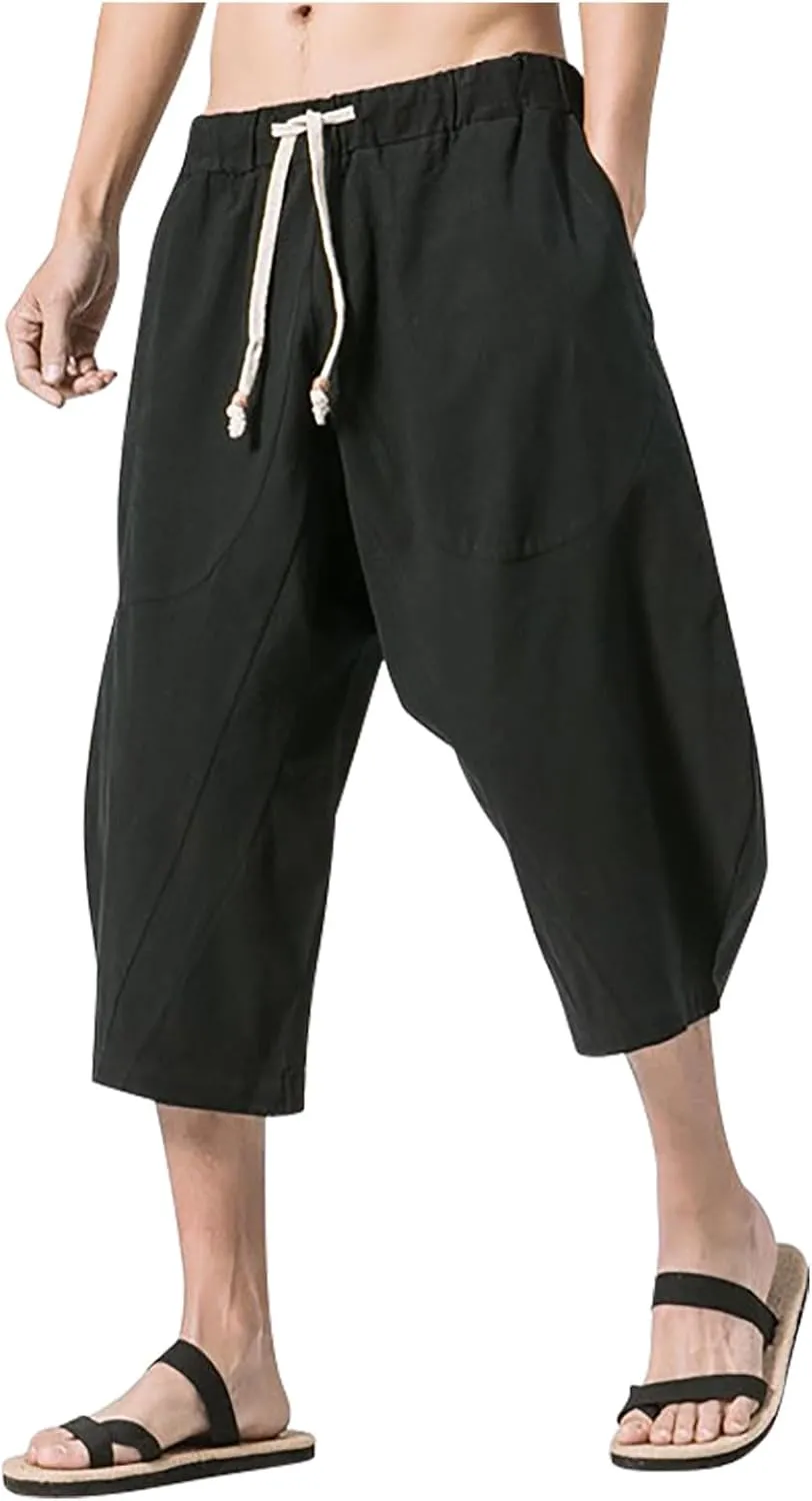 Mens Cotton Linen 3/4 Trouser Harem Shorts Drawstring Sweatpants Casual Sports Joggers Plus Size Capri Pants Workout