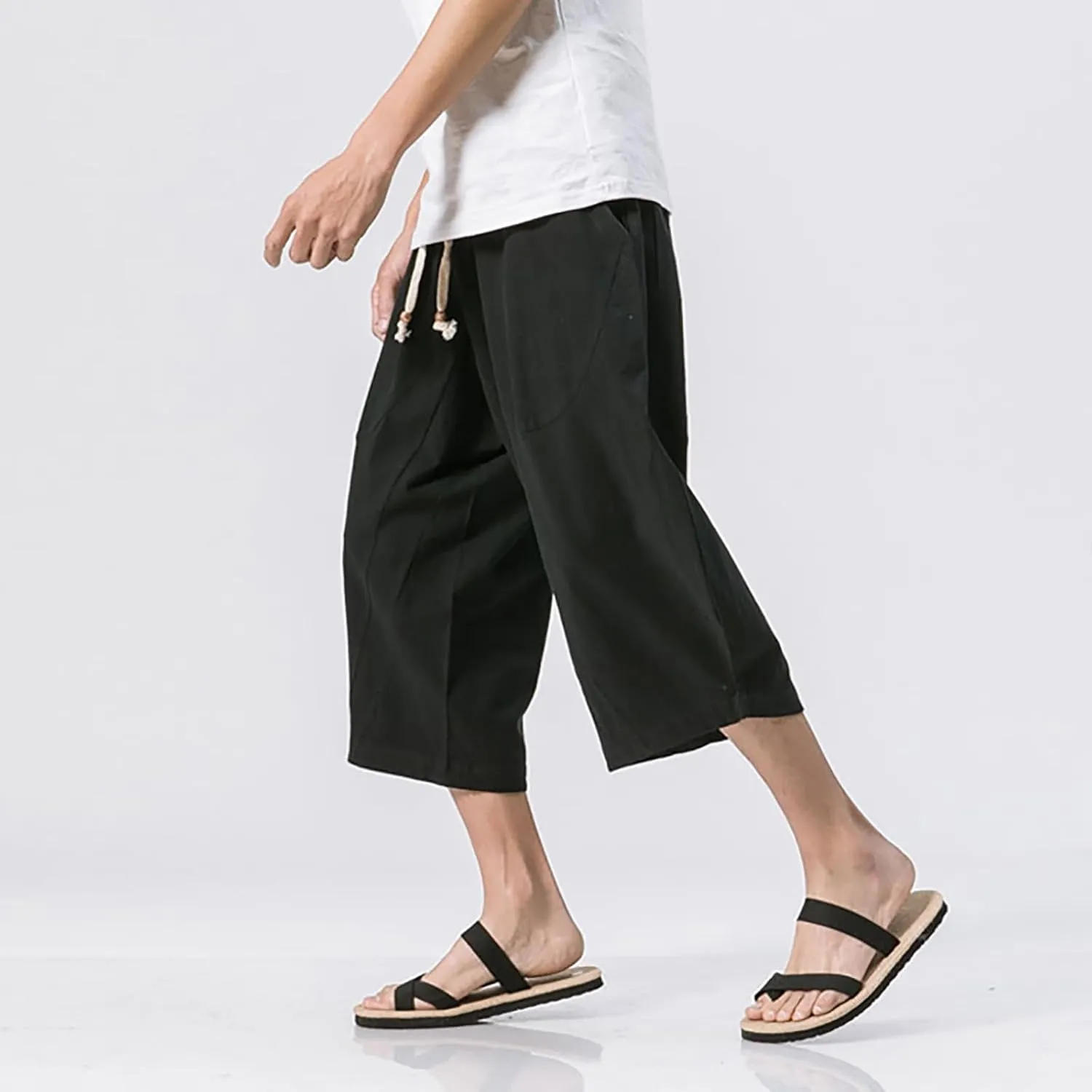 Mens Cotton Linen 3/4 Trouser Harem Shorts Drawstring Sweatpants Casual Sports Joggers Plus Size Capri Pants Workout