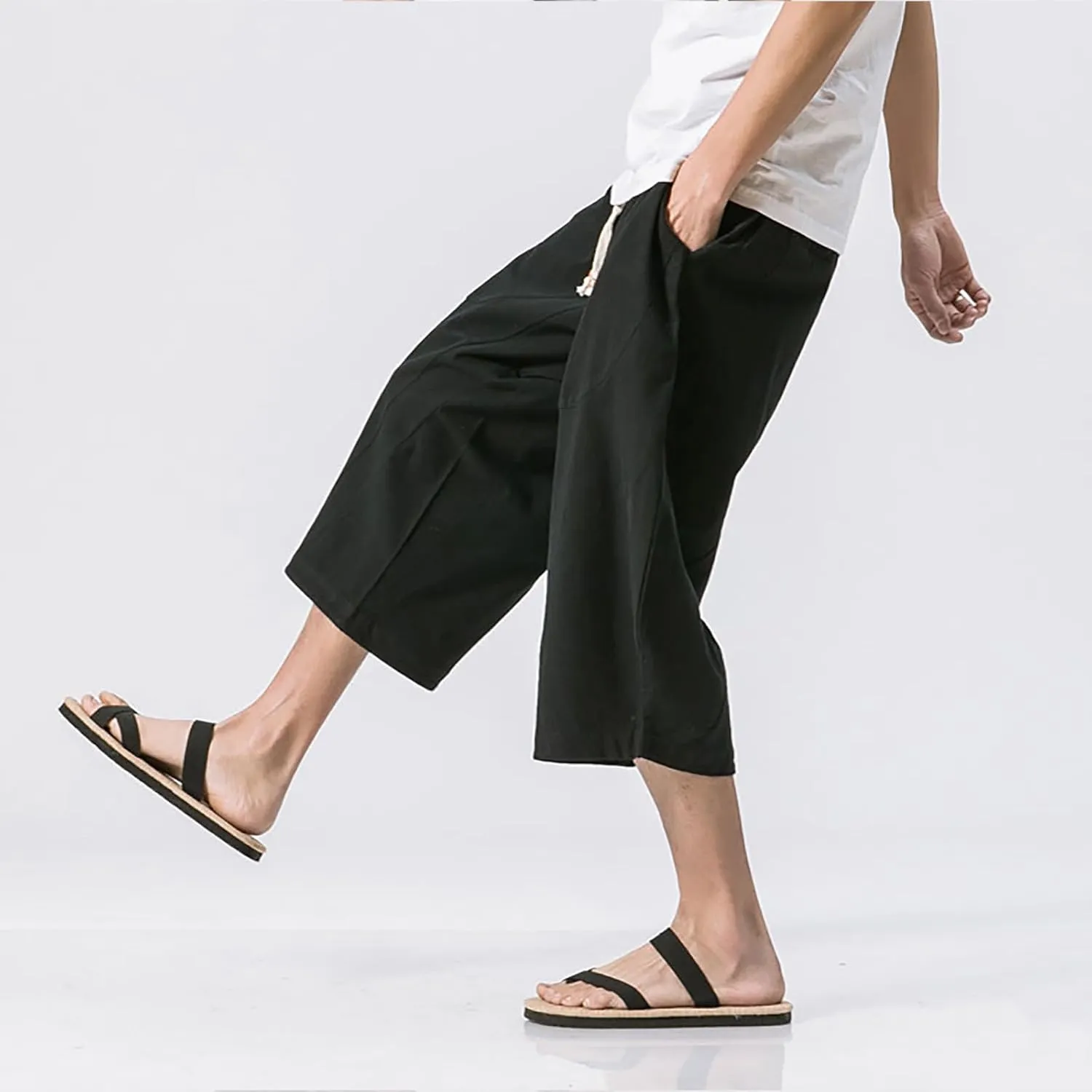 Mens Cotton Linen 3/4 Trouser Harem Shorts Drawstring Sweatpants Casual Sports Joggers Plus Size Capri Pants Workout