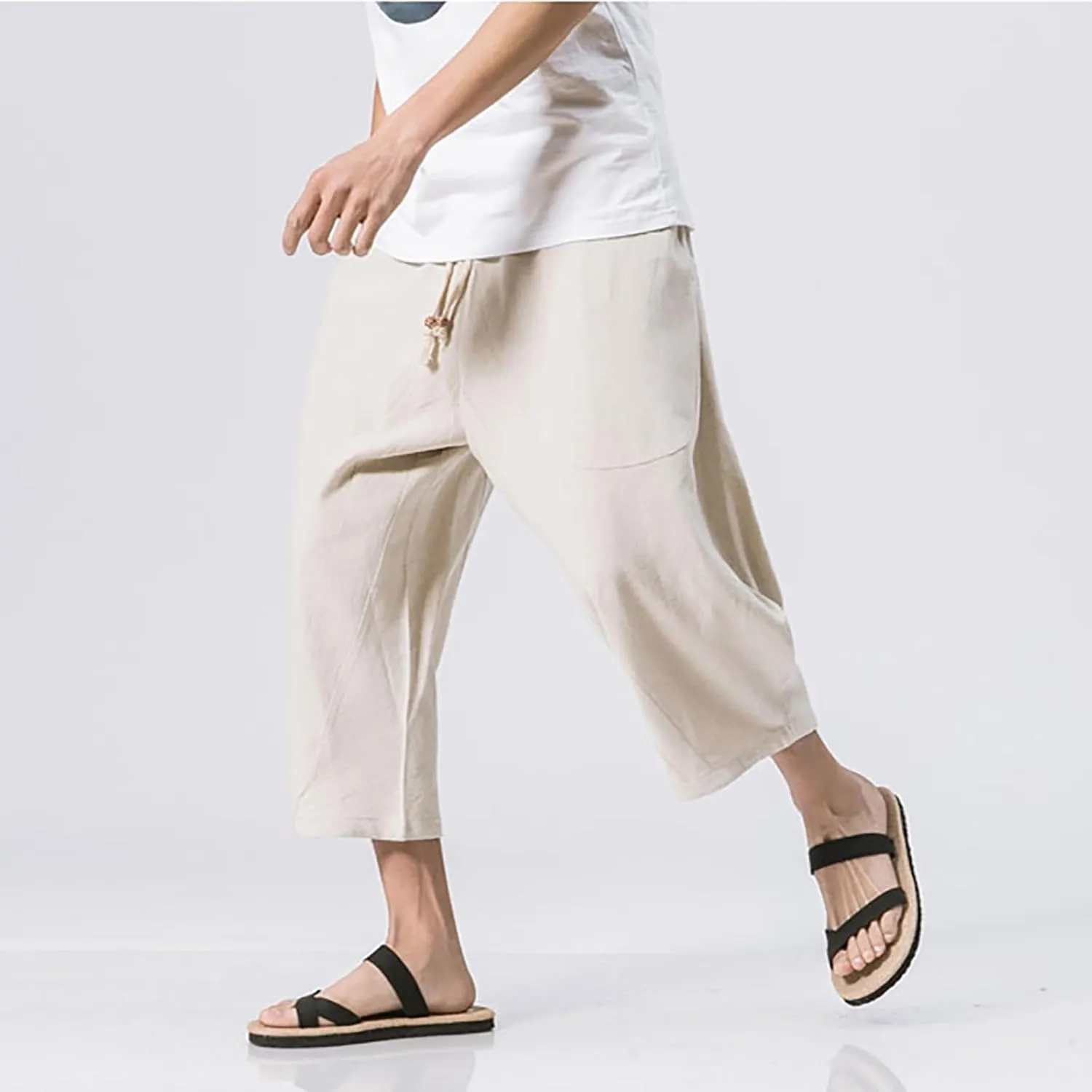 Mens Cotton Linen 3/4 Trouser Harem Shorts Drawstring Sweatpants Casual Sports Joggers Plus Size Capri Pants Workout