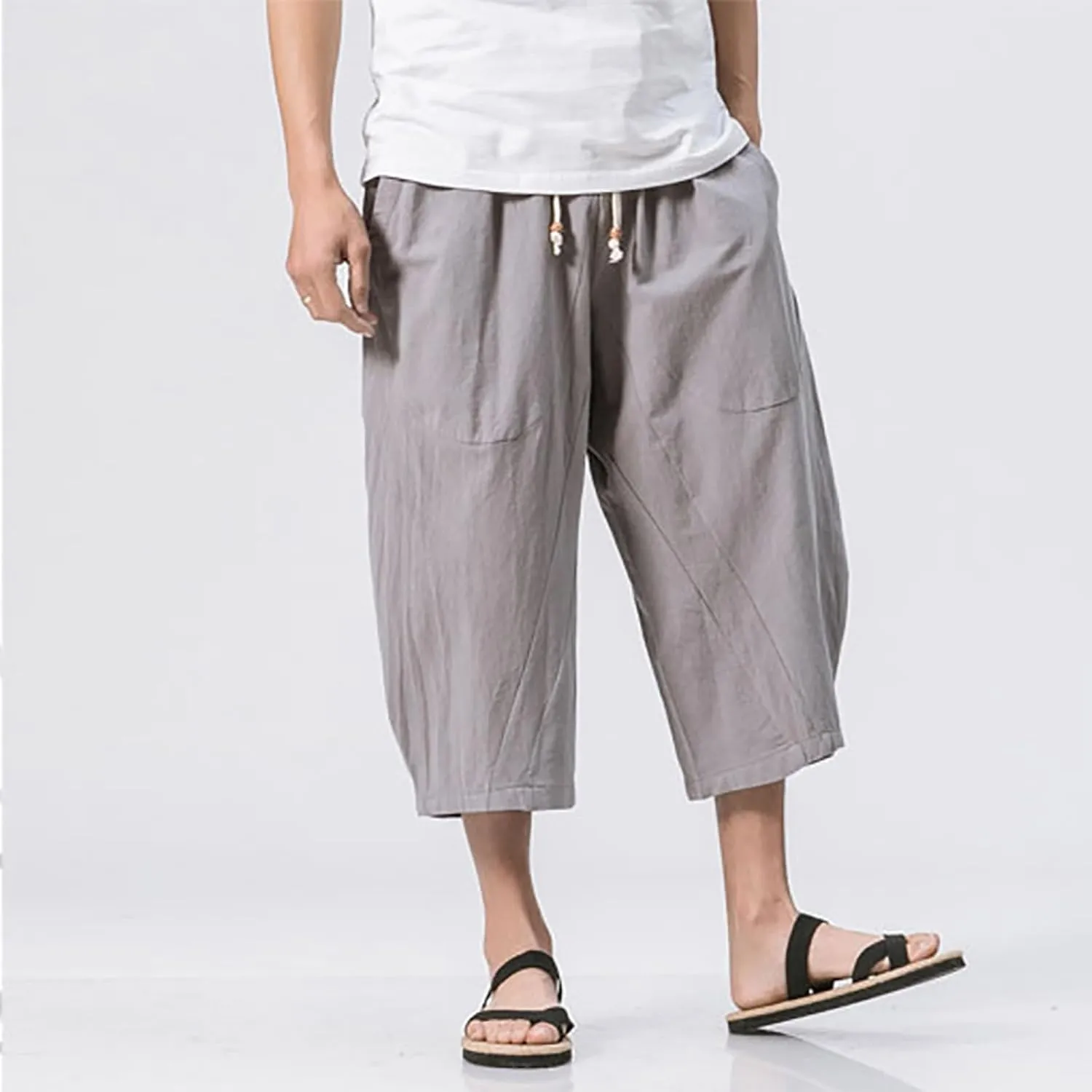 Mens Cotton Linen 3/4 Trouser Harem Shorts Drawstring Sweatpants Casual Sports Joggers Plus Size Capri Pants Workout