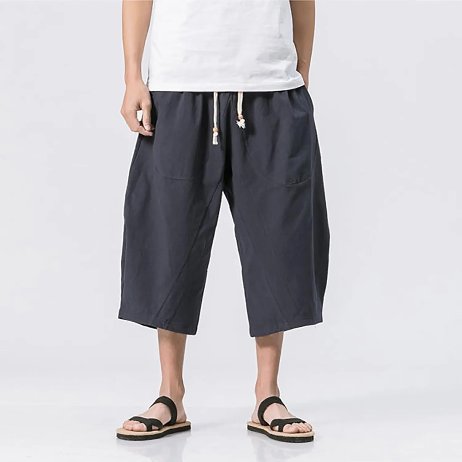 Mens Cotton Linen 3/4 Trouser Harem Shorts Drawstring Sweatpants Casual Sports Joggers Plus Size Capri Pants Workout