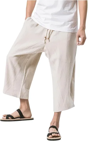 Mens Cotton Linen 3/4 Trouser Harem Shorts Drawstring Sweatpants Casual Sports Joggers Plus Size Capri Pants Workout