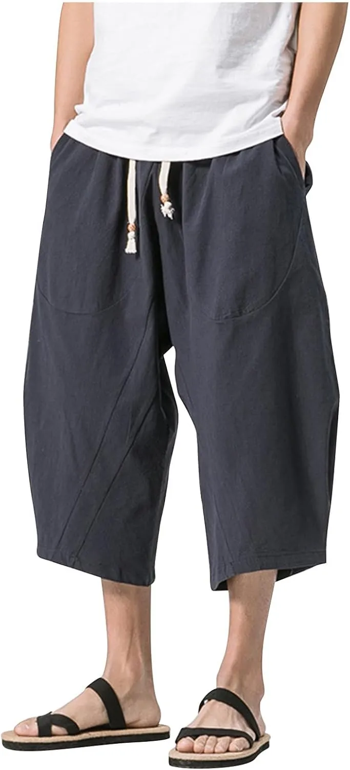 Mens Cotton Linen 3/4 Trouser Harem Shorts Drawstring Sweatpants Casual Sports Joggers Plus Size Capri Pants Workout