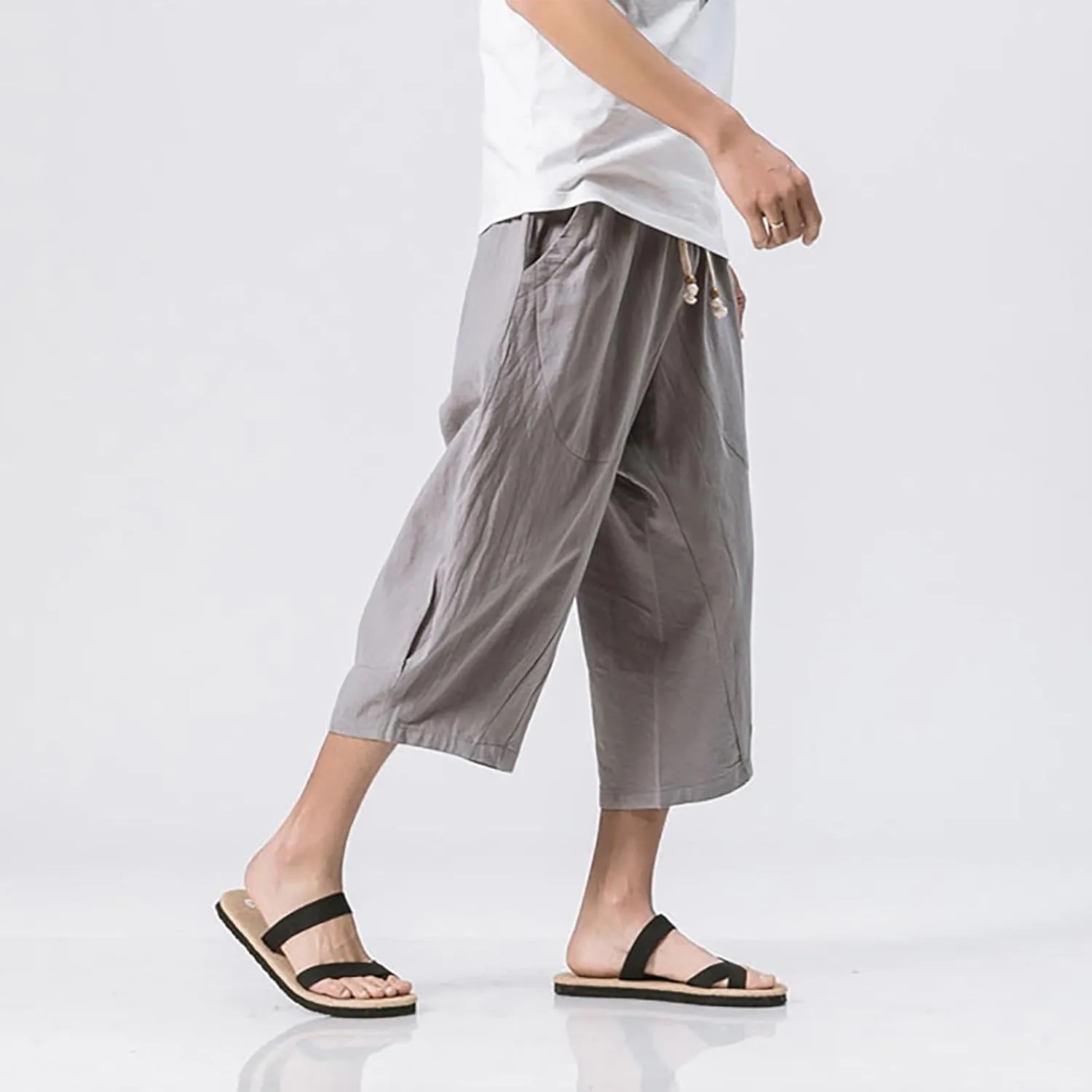 Mens Cotton Linen 3/4 Trouser Harem Shorts Drawstring Sweatpants Casual Sports Joggers Plus Size Capri Pants Workout