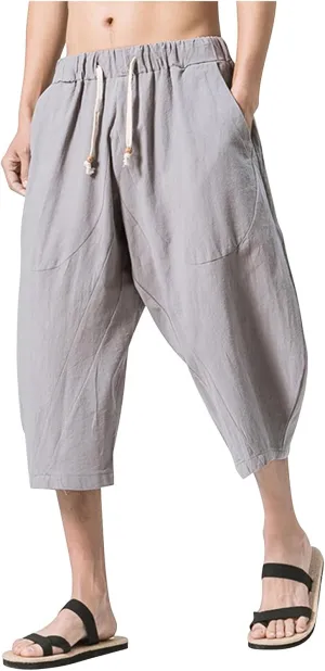 Mens Cotton Linen 3/4 Trouser Harem Shorts Drawstring Sweatpants Casual Sports Joggers Plus Size Capri Pants Workout