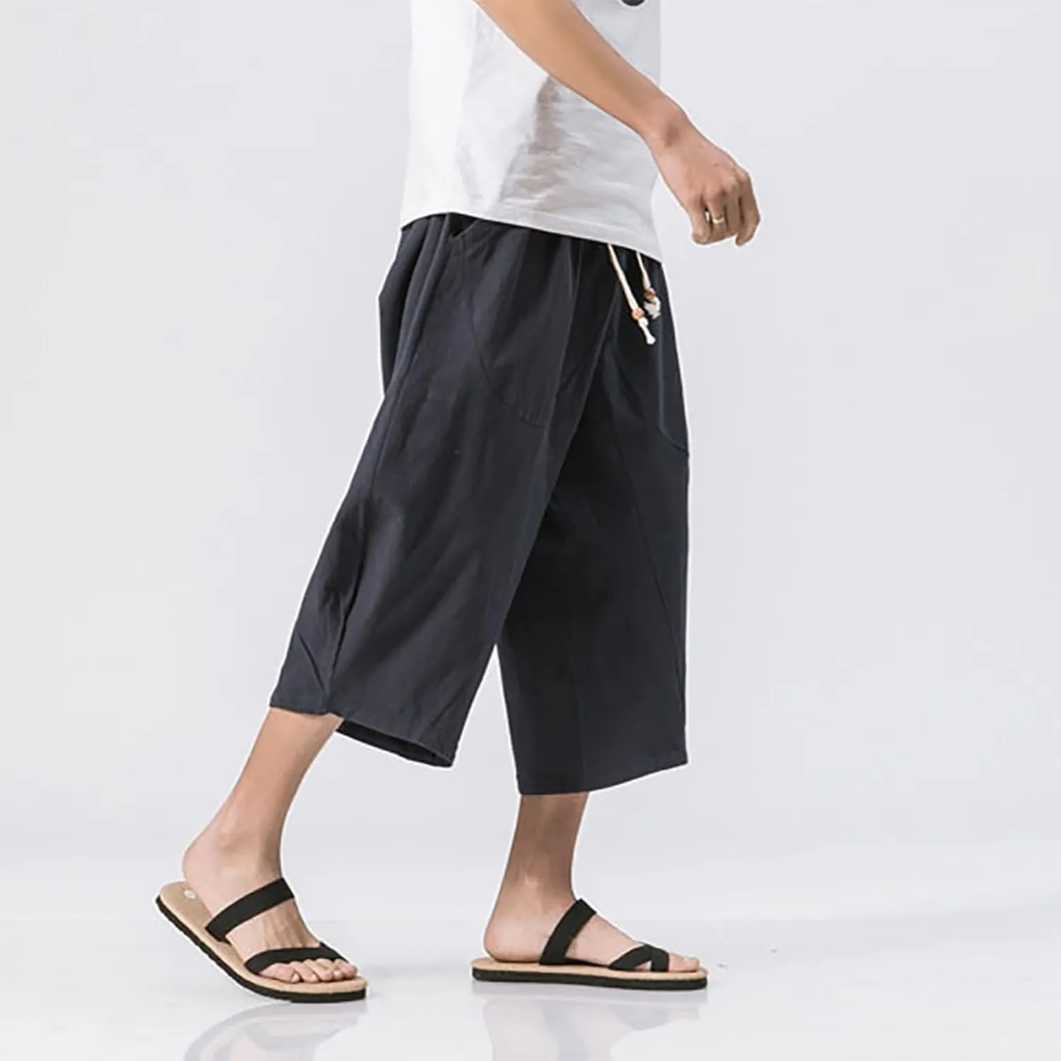 Mens Cotton Linen 3/4 Trouser Harem Shorts Drawstring Sweatpants Casual Sports Joggers Plus Size Capri Pants Workout