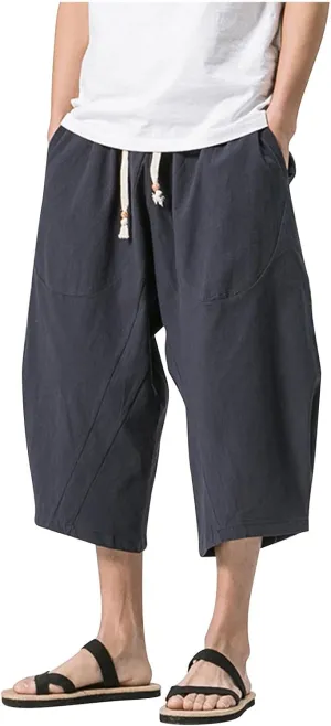 Mens Cotton Linen 3/4 Trouser Harem Shorts Drawstring Sweatpants Casual Sports Joggers Plus Size Capri Pants Workout