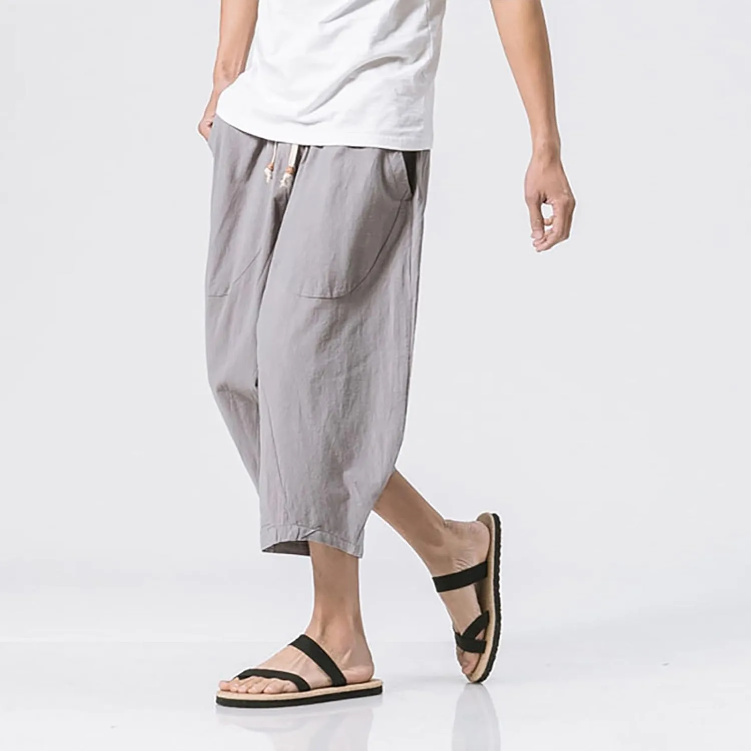 Mens Cotton Linen 3/4 Trouser Harem Shorts Drawstring Sweatpants Casual Sports Joggers Plus Size Capri Pants Workout