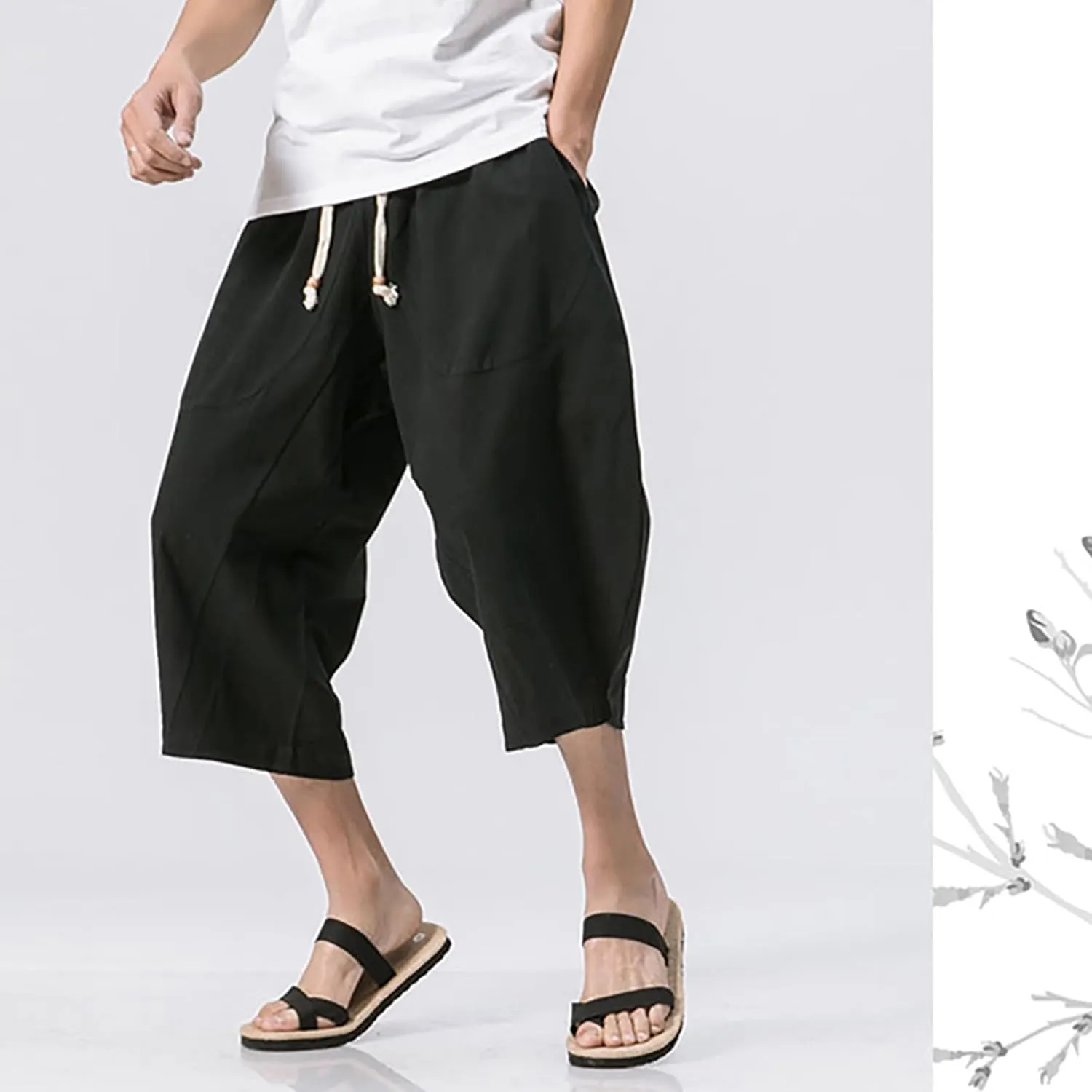 Mens Cotton Linen 3/4 Trouser Harem Shorts Drawstring Sweatpants Casual Sports Joggers Plus Size Capri Pants Workout