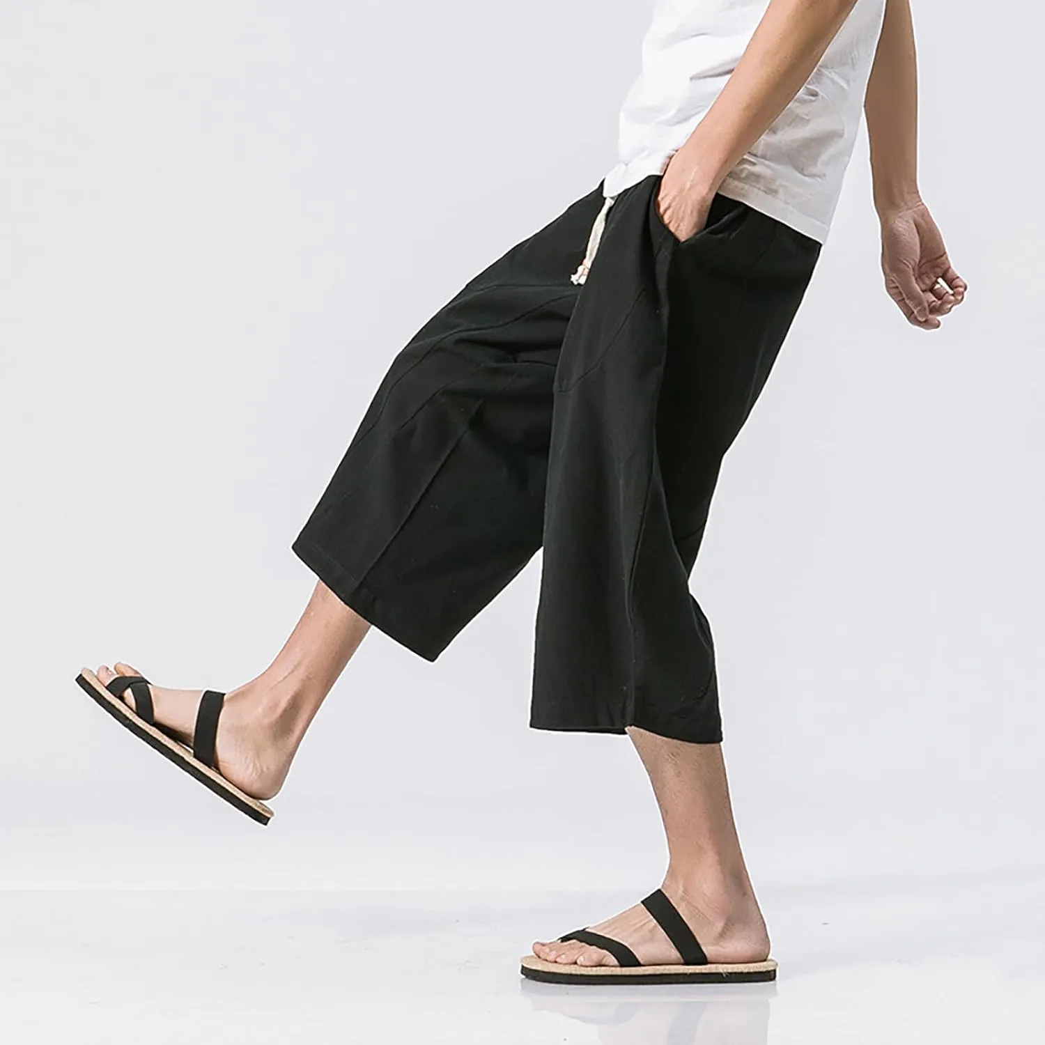 Mens Cotton Linen 3/4 Trouser Harem Shorts Drawstring Sweatpants Casual Sports Joggers Plus Size Capri Pants Workout