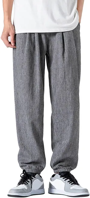 Mens Cotton Linen Pants Elastic Waist Drawstring Cuffed Harem Jogger Sweatpants Loose Lightweight Summer Beach Yoga Pants