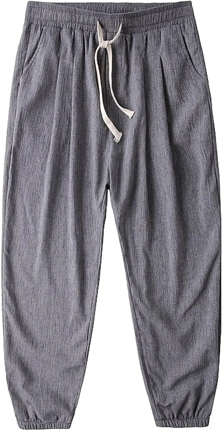 Mens Cotton Linen Pants Elastic Waist Drawstring Cuffed Harem Jogger Sweatpants Loose Lightweight Summer Beach Yoga Pants